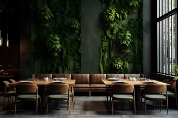 Fototapeta na wymiar Ein Restaurant mit grüner Wand und einem Holztisch