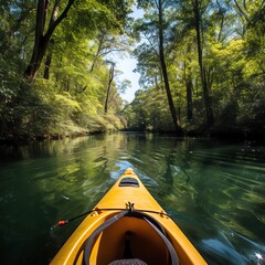Kayaking down a calm nature river trail, enjoying the view on the river