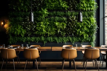 Ein Restaurant mit einer grünen Wand und einem hölzernen Tisch