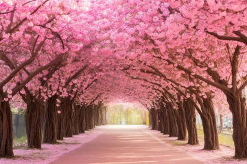 Fotobehang The romantic tunnel of pink flower trees © Оксана Олейник