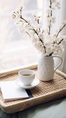 Spring still life composition. Greeting card mockup on wickered tray, cup of coffee. Feminine styled photo. Floral scene with blurred white cherry tree blossoms on bench near window. Generative AI