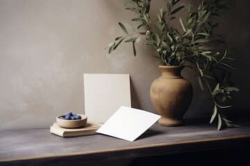 Summer moody wedding stationery. Horizontal blank greeting card, invitation. Textured vase with olive branches and old books on wooden table. Mediterranean design. Elegant working space, Generative AI