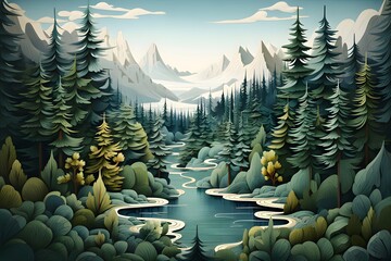 landscape with mountains and trees, paper style/paper art