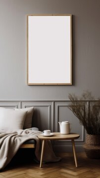 Moody Christmas interior. Blank vertical wooden picture frame mockup. Moulding wall background. Bed, sofa with linen cushions, blanket. Pine tree branches in vase. Wooden side table, Generative AI