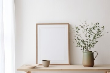 Breakfast still life. Modern living room. Cup of coffee, books. Empty wooden picture frame mockup on desk, table. Vase with green willow tree branches. Elegant Scandi working space, Generative AI