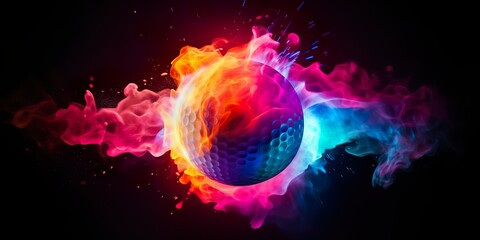 Golf ball in explosion of colored neon powder isolated on black background | Generative AI