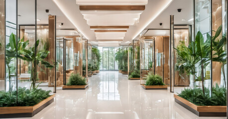 Modern futuristic business company entry hall or hotel lobby. Luxury real estate interior design with glass, wood, plants and mirroring surfaces. Modern architecture interior design. - obrazy, fototapety, plakaty