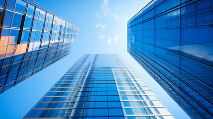 Fototapeta na wymiar Glass-Encased Skyscrapers Framed by Azure Sky