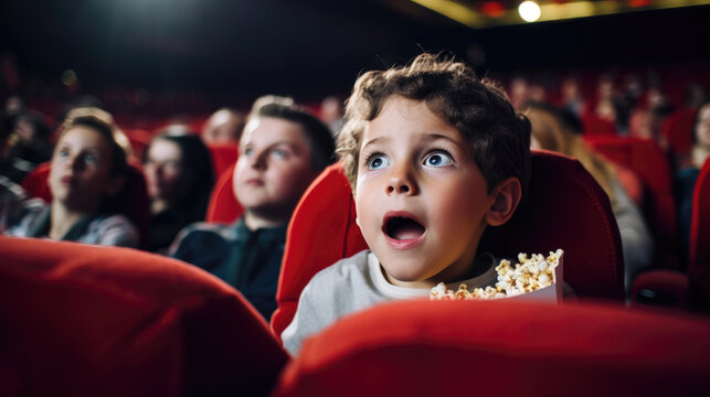 Little boy with astonished and surprised look is watching a movie in a cinema. 