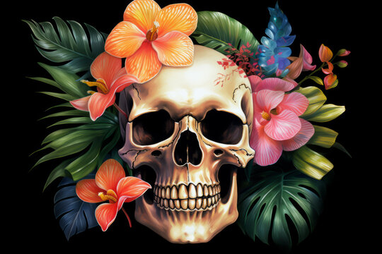 Vintage illustration of skull with flowers on black background.  illustration of digital art