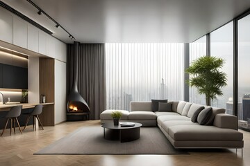 A minimalist living room with sleek furniture neutral tones and strategically placed artistic accents