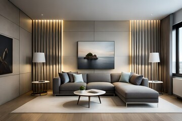 Naklejka na ściany i meble A minimalist living room with sleek furniture neutral tones and strategically placed artistic accents
