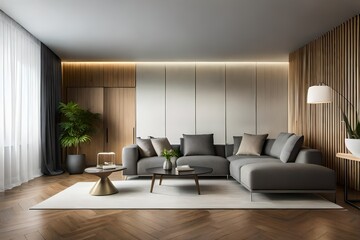 Fototapeta na wymiar A minimalist living room with sleek furniture neutral tones and strategically placed artistic accents