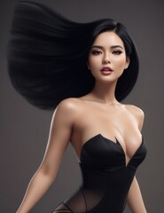 Fototapeta premium Healthy Asian woman in black lingerie fashion Light from the studio.generative AI