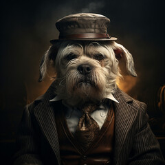 Cooler grimmiger Hund, Portrait, Hund mit Anzug, Pokerface, dunkles Gasthaus, Hund in der Bar, Rauch - obrazy, fototapety, plakaty