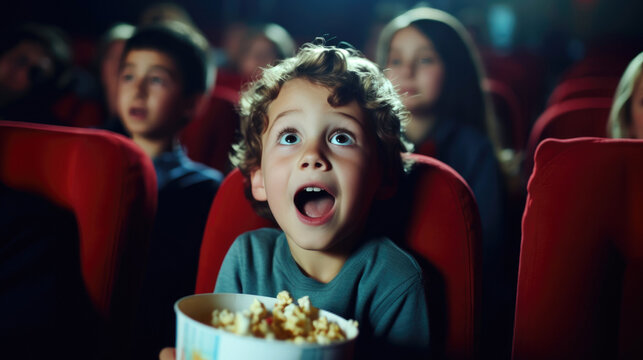 Little boy with astonished and surprised look is watching a movie in a cinema. Generative AI