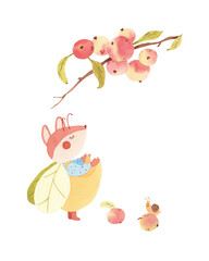 Fox picks apples in the garden - fairy tale fox elf in dress, is gathering apples. Forest animal children's book illustration. Woodland cartoon character. Watercolor, hand drawn on white background