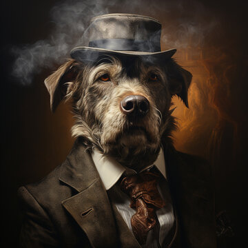 Cooler grimmiger Hund, Portrait, Hund mit Anzug, Pokerface, dunkles Gasthaus, Hund in der Bar, Rauch