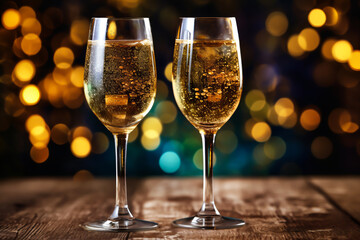 Champagne glass on wooden table and Christmas illumination on background.  illustration of celebrating Christmas and New Year