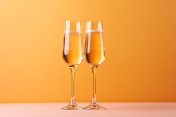 Champagne glasses on yellow background.  illustration of celebrating Christmas and New Year