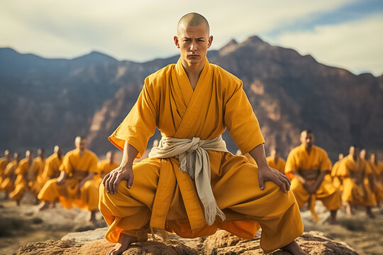 A shaolin monk trains with a group of students outdoors.