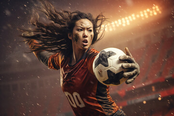 Female oriental goalkeeper in an exciting soccer match