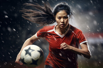 Female oriental soccer player in the rain