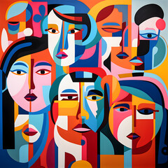 Fototapeta na wymiar Serene Faces and Colorful People in Bold Graphic Patterns: Social Media Art by Generative AI