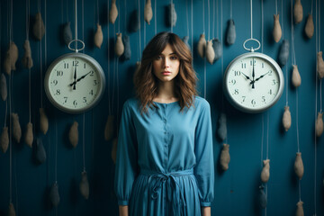 a young woman with clock - obrazy, fototapety, plakaty