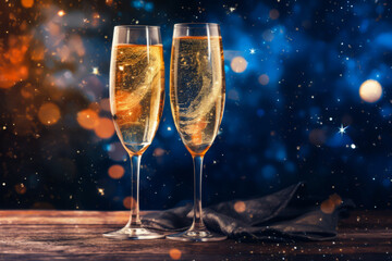 Champagne glass on wooden table and Christmas illumination on background.  illustration of celebrating Christmas and New Year