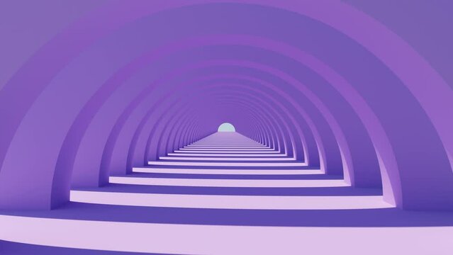 3D render of slow fly camera through violette round arch passage in day light with sun shadow and reflection, 4K loop architectural animation with infinite space of water and sky