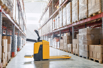 Forklift in warehouse storage of goods, business background for logistics
