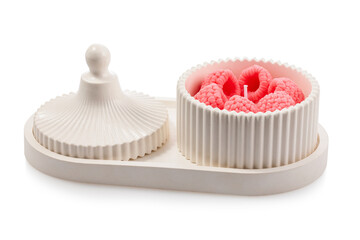 Scented candle with raspberry aroma in a ceramic stand with a lid isolated on a white background