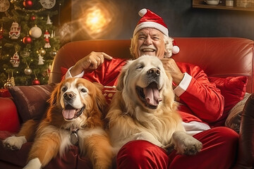 A cheerful man in a santa costume is sitting on the couch with his beloved dogs.