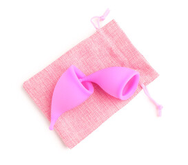 Menstrual cups and bag isolated on white background