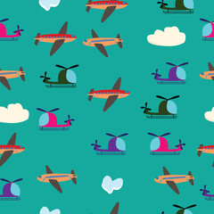 Seamless pattern with helicopters and airplanes with turquoise background