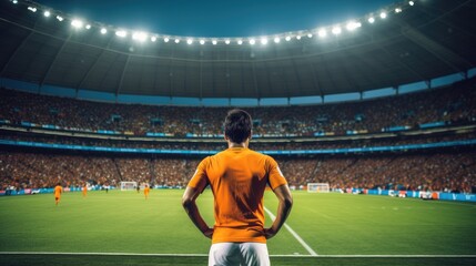 Male player on stadium at world cup. Back view. 