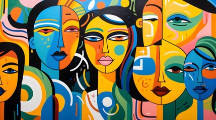 Cartoonish & Chic: Abstract Art of Serene Faces Amidst Bold Patterns (Generated by AI)