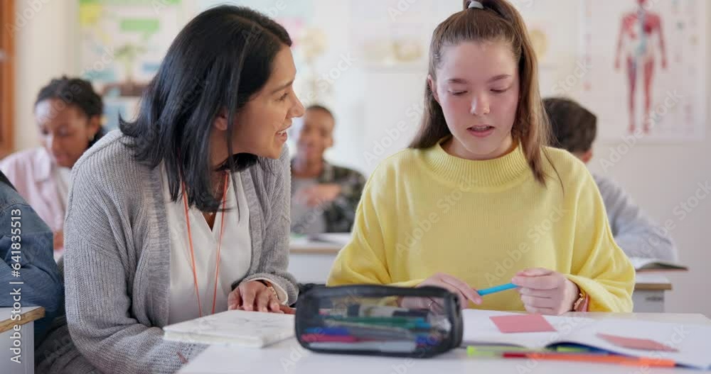 Poster classroom, girl with stress and teacher with help, studying and notebook with conversation, lesson a