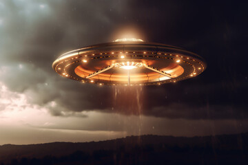 Fototapeta na wymiar UFO, an alien saucer hovering above the field in the clouds, hovering motionless in the sky. Unidentified flying object, alien invasion, extraterrestrial life, space travel, spaceship.