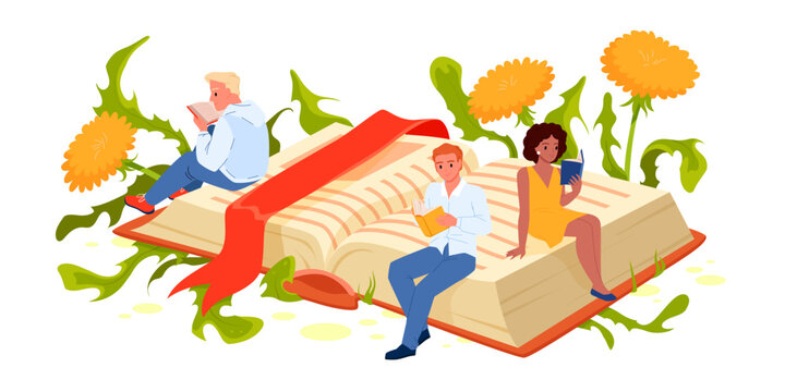 Book festival to read literature and study vector illustration. Cartoon tiny people sit on big open storybook with bookmark among spring and summer forest flowers, characters reading with curiosity