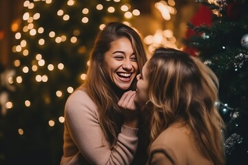 LGBT Lesbian couple love moments happiness concept. christmas - obrazy, fototapety, plakaty
