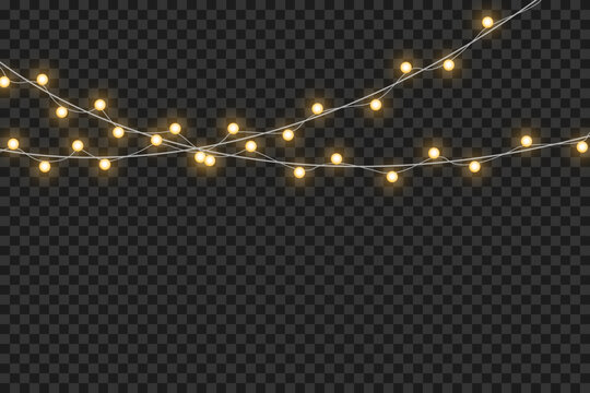Christmas lights isolated on transparent background. Set of golden Christmas glowing garlands with sparks. For congratulations, invitations and advertising design.