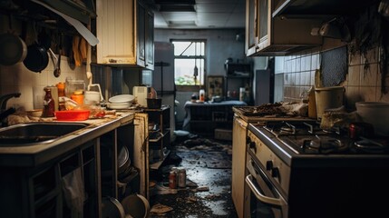 An abandoned, dirty and messy kitchen. - obrazy, fototapety, plakaty