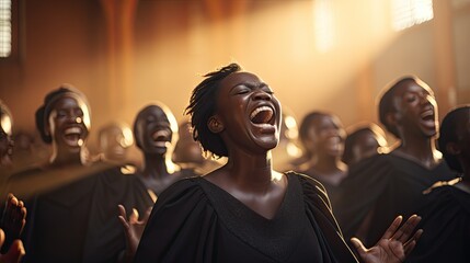 Afro american young woman singing excited in church gospel choir. - obrazy, fototapety, plakaty