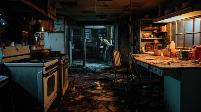 An abandoned, dirty and messy kitchen.
