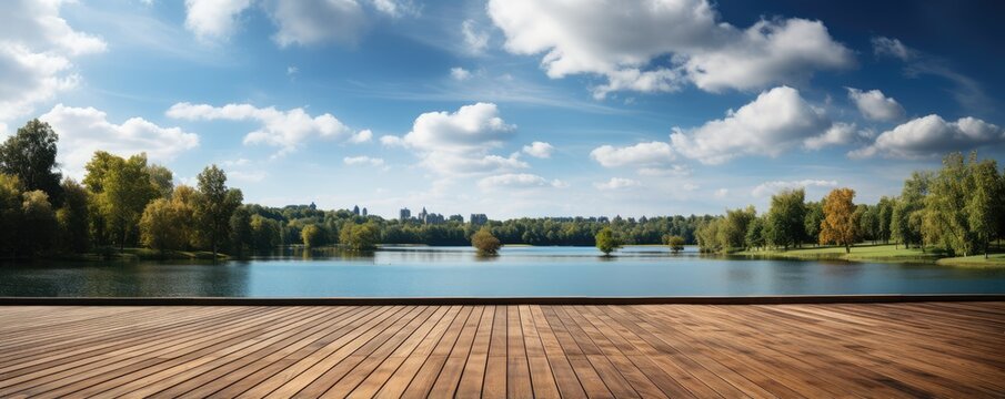 Wooden deck at lake under blue sky