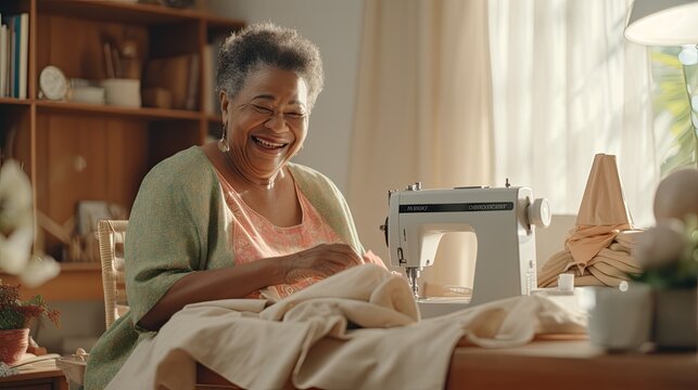 Black senior woman sewing at home.