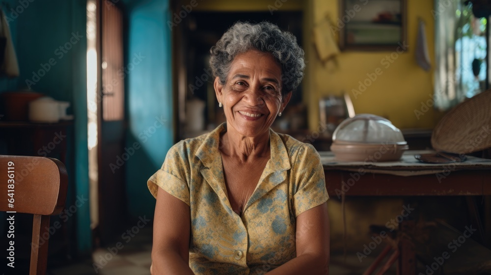 Poster Cuban elderly woman posing happy sitting on a chair at home.