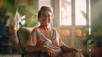 Cuban elderly woman posing happy sitting on a chair at home.